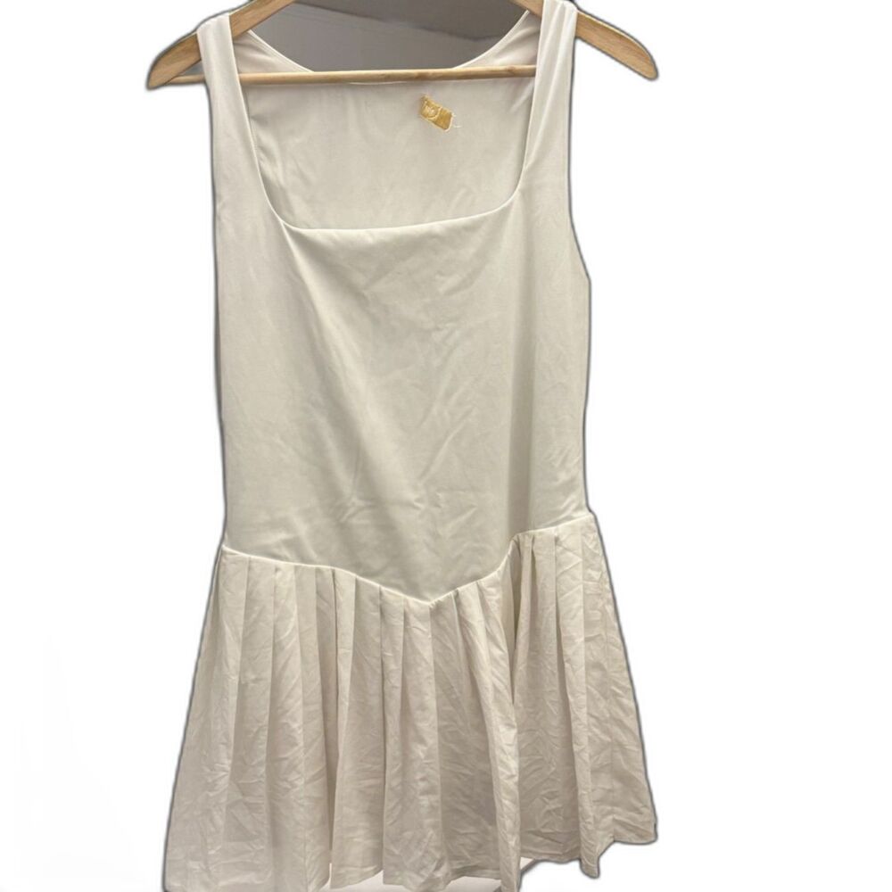 Qinsen White Pleated Mini Dress XL Square Neck Drop Waist Tennis Preppy